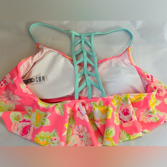 M VICTORIA’s SECRET SWIM lattice cage back bright ruffle floral roses bikini TOP - Picture 6 of 6